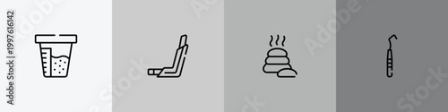 medical outline icon set featuring urine test, inhalator, lithotherapie, dental probe icons.