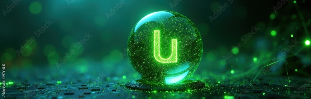 Fototapeta premium Digital representation of uranium element atomic structure. Glowing green orb shows U symbol with intricate connections. Futuristic tech background with circuit board elements.