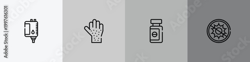 health outline icon set featuring blood bag, rash, sleeping pills, antibacterial icons.