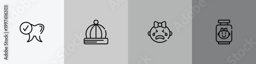 baby outline icon set featuring healthy tooth, baby hat, crying, baby food icons.