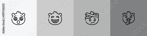 emoji outline icon set featuring dizzy emoji, laughing emoji, with head-bandage shushing icons.