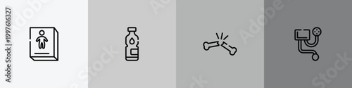 blood donation outline icon set featuring childrens stories, mineral water, broken bone, blood pressure meter icons.