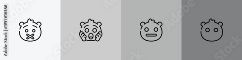 emoji outline icon set featuring muted emoji, shocked emoji, expressionless without mouth icons.