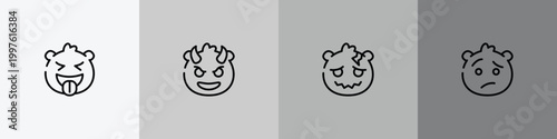 emoji outline icon set featuring tongue emoji, smiling with horns emoji, headache confused icons.