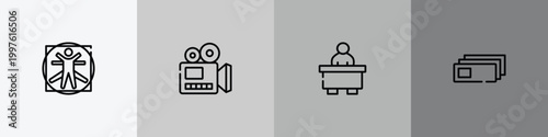 laboratory outline icon set featuring vitruvian man, documentary, librarian, microscope slides icons.