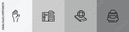 science outline icon set featuring raise hand, journal, politics, space capsule icons.