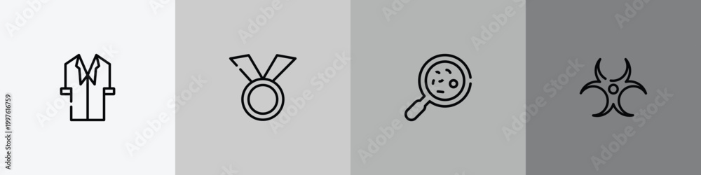 Fototapeta premium chemistry outline icon set featuring lab coat, medals, microorganism, hazard icons.