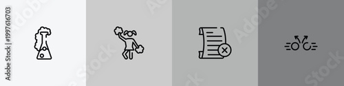 physics outline icon set featuring chemicals, cheerleader, failed, collision icons.