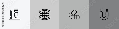 laboratory outline icon set featuring biochemistry, magnetic field, capsule, magnetism icons.