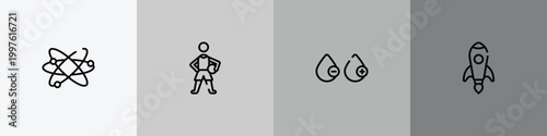 science outline icon set featuring orbit, basketball player, blood type, rocket launch icons.