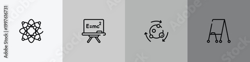 school outline icon set featuring protons, relativity, metabolism, flipchart icons.