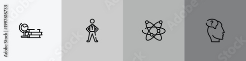 knowledge outline icon set featuring studies, pe teacher, galaxy, doubt icons.
