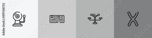 biology outline icon set featuring alarm bell, essay, outdoor table, chromosomes icons.