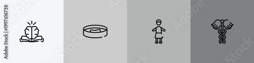 science outline icon set featuring philosophy, petri dish, headmistress, caduceus icons.