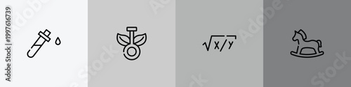 kindergarten outline icon set featuring blood test, chlorophyll, equation, hobby horse icons.