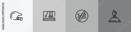 science outline icon set featuring baseball helmet, newtons cradle, not equal, burn icons.