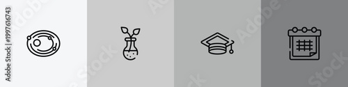 back to school outline icon set featuring solar system, botanic, graduation hat, timetable icons.