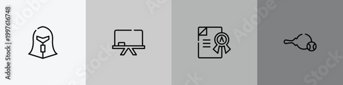 sports outline icon set featuring spartan, chalkboard, grade, table tennis icons.