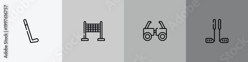 sports outline icon set featuring hockey stick, finish line, testing glasses, golf equipment icons.
