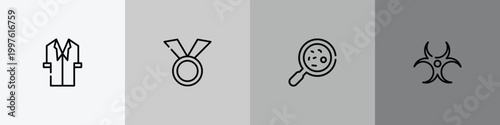 chemistry outline icon set featuring lab coat, medals, microorganism, hazard icons.