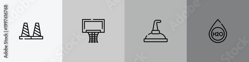 back to school outline icon set featuring bollards, basketball equipment, still, h2o icons.