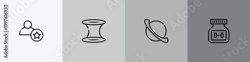 sports outline icon set featuring novice, wormhole, saturn, supplement icons.