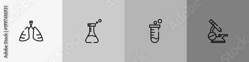 outline icon set featuring pneumonia, flask, test tube, microscope icons.