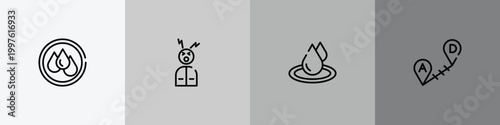 outline icon set featuring wet, headache, waterdrop, long distance icons.