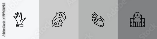 outline icon set featuring hand, bacteria, hand wash, hospital icons.