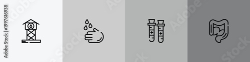 outline icon set featuring reservoir, washing hand, blood sample, intestine icons.