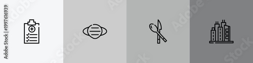 outline icon set featuring medical report, mask, cutlery, city icons.