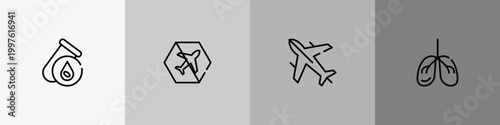 outline icon set featuring blood test, no flight, airplane, lungs icons.