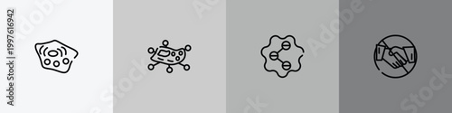 outline icon set featuring cell, infection, social, no handshake icons.