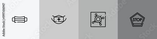 outline icon set featuring hygiene mask, face mask, pandemic, stop icons.