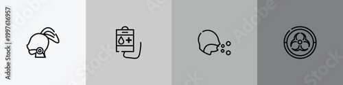 outline icon set featuring sore throat, blood bag, cough, outbreak icons.