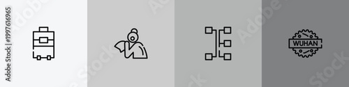 outline icon set featuring suitcase, sneeze, transmission, wuhan icons.