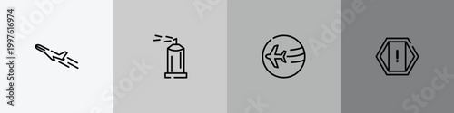 outline icon set featuring plane, spray, travelling, attention icons.