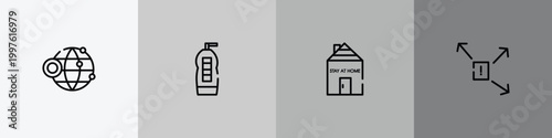 outline icon set featuring website, cleaning liquid, stayhome, spread icons.