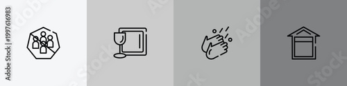 outline icon set featuring avoid crowds, tableware, washing hands, quarantine icons.