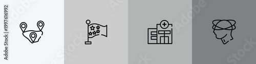 outline icon set featuring distance, china, clinic, dizziness icons.