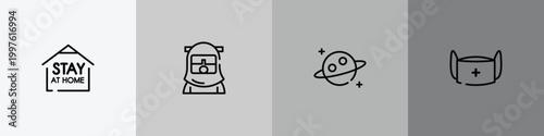 outline icon set featuring stay home, safety suit, planet, medical mask icons.