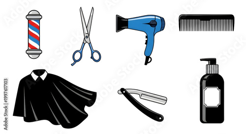 Barber Grooming Vector Set, Scissors, Comb, Razor, Hair Salon Flat Illustration