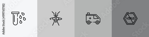 outline icon set featuring blood, mosquito, ambulance, no virus icons.