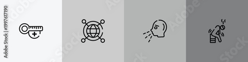 outline icon set featuring hot temperature, spreading, sneezing, weak icons.