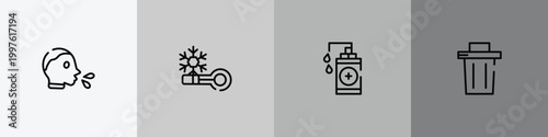 outline icon set featuring cover cough, cold, hand sanitizer, garbage icons.