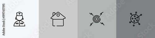 outline icon set featuring nurse, stay at home, pain, flu icons.
