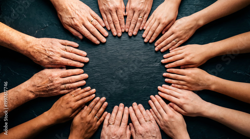 Top view of many different hands reaching toward center to form circular shape representing cooperation.