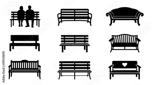 Set of black silhouette park benches and one with a couple seated furniture silhouette illustration