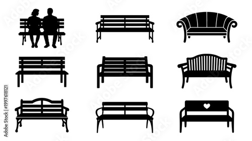 Collection of black silhouette benches and a couple sitting on a bench with furniture silhouette collection
