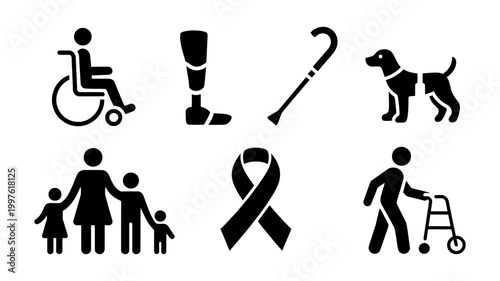 Icons representing disability and support: wheelchair prosthetic leg cane service dog family awareness